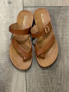 WANTED Tan Brown Leather Buckle-Strap Women's Sandals